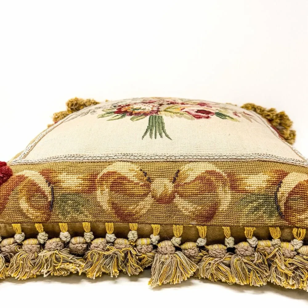 Vintage 18” Aubusson Floral Petit Point Needlepoint Beaded Tassel Throw Pillow